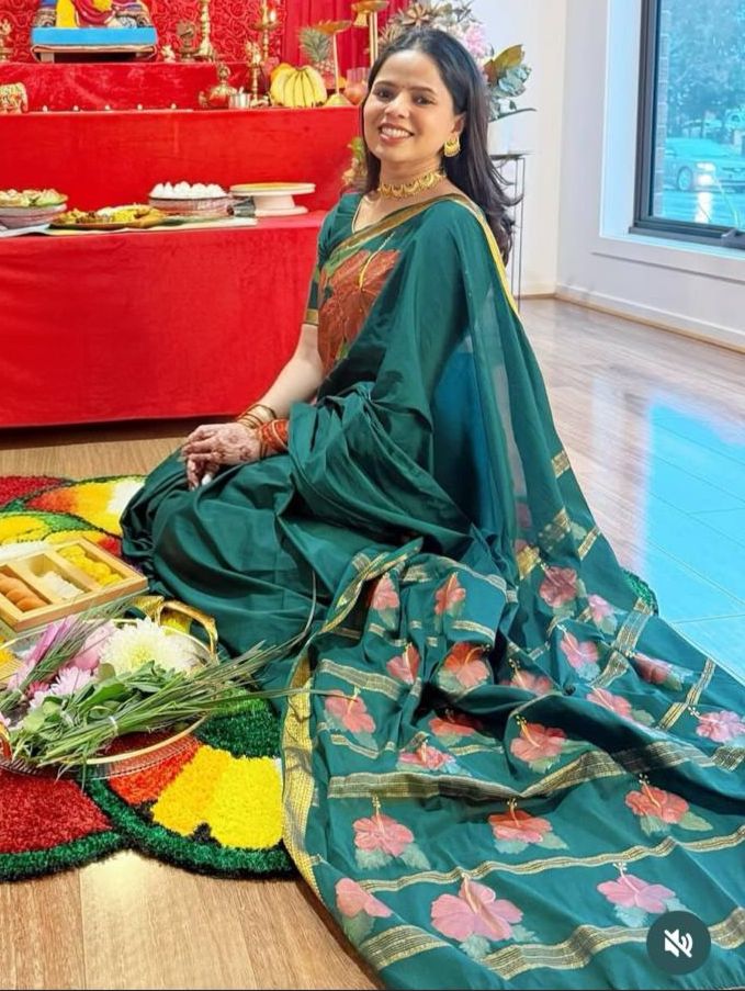 Hibiscus Hand-Painted Semi Mysore Silk Saree with Blouse