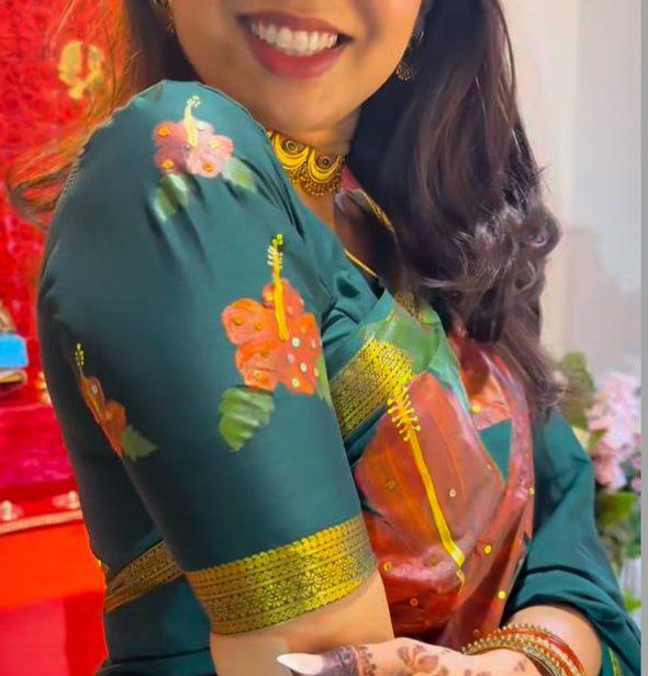 Hibiscus Hand-Painted Semi Mysore Silk Saree with Blouse