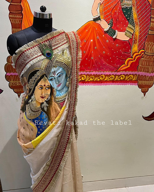 Hand-Painted Radha Krishna Saree with Handwork Blouse